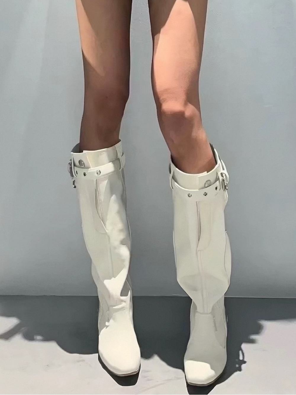 White Knee-High Buckle Riding Boots